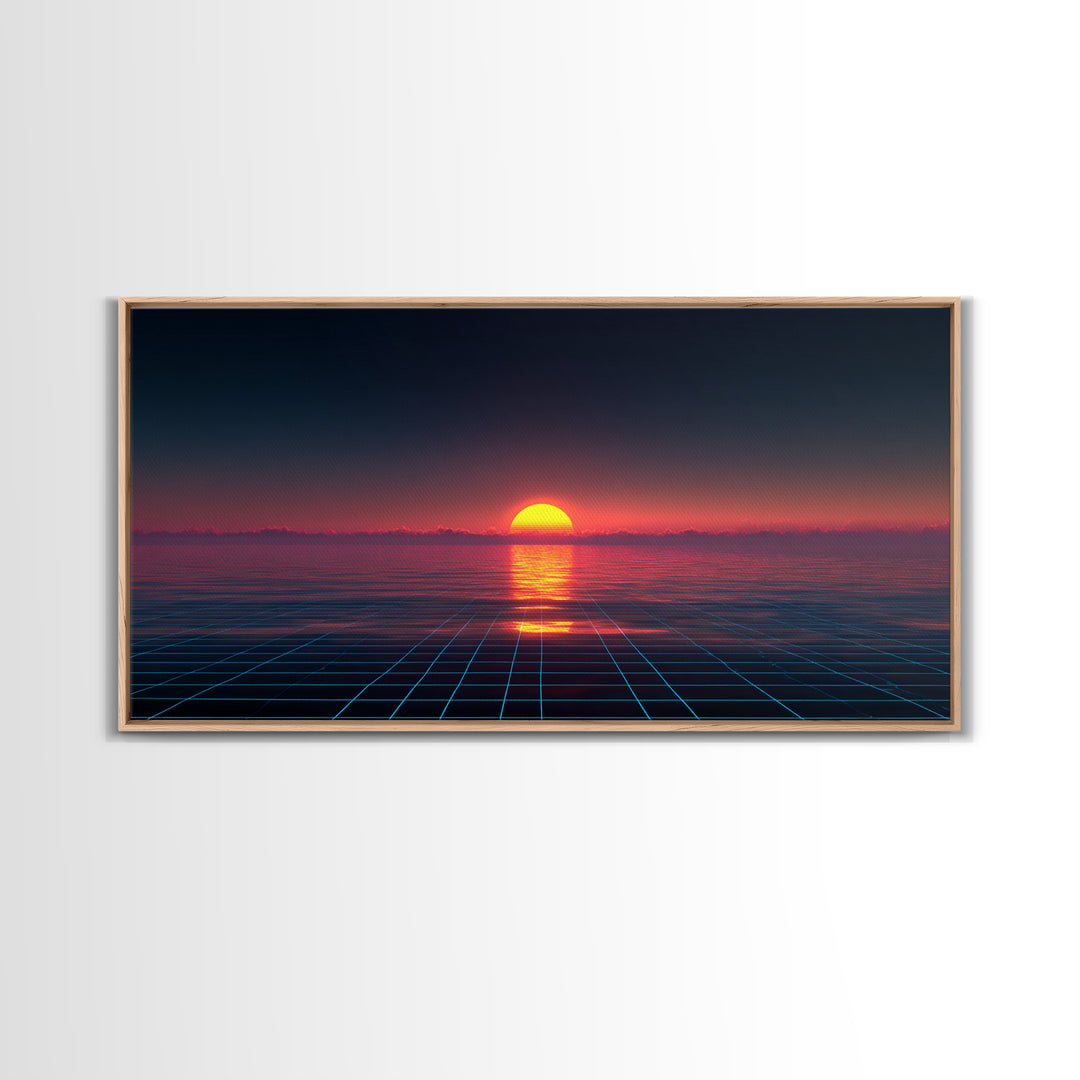 Retro Futuristic Sunset Over Ocean With Neon Grid Horizon Wall Art Modern Digital Canvas Print For Home
