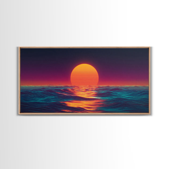 Retro Futuristic Neon Sunset Over Ocean Vibrant Wave Wall Art Canvas Print For Modern Living Room Decor