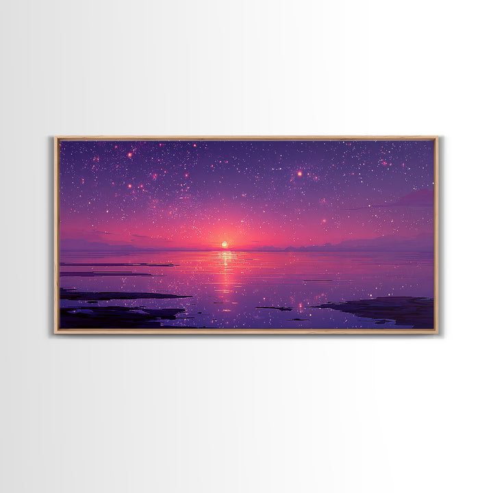 Starry Purple Night Sunset Over Calm Lake Landscape Wall Art Framed Canvas Print With Dreamy Celestial Sky And Tranquil Water Reflections