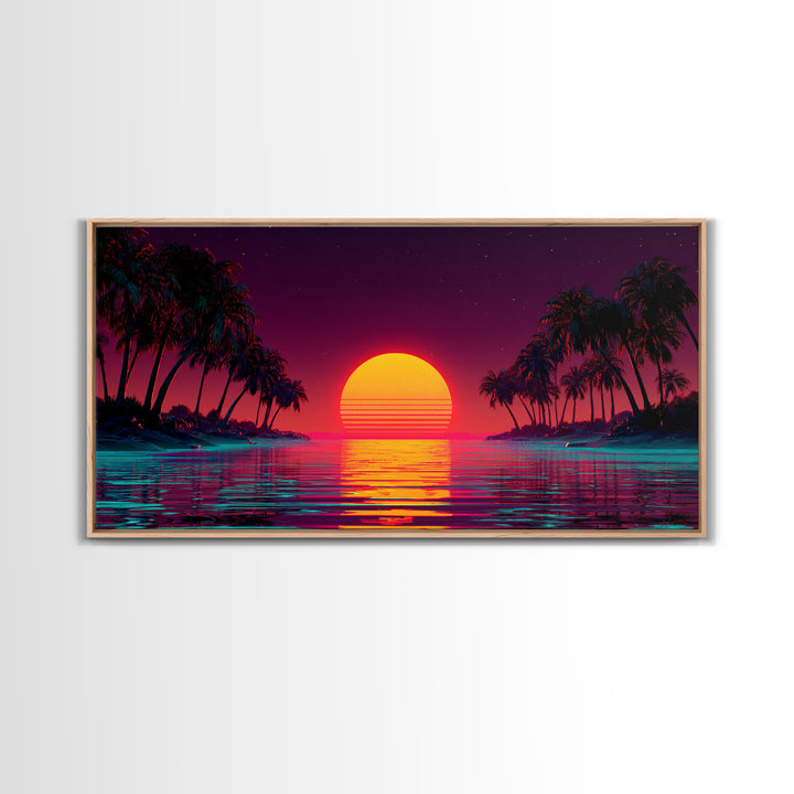Vibrant Sunset Over Tropical Beach With Palm Trees Canvas Print Colorful Wall Art Modern Coastal Decor