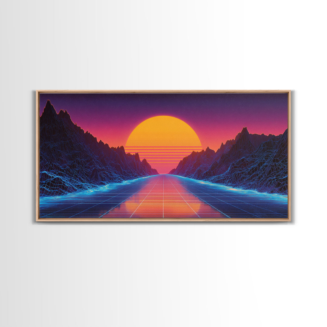 Retro Futuristic Neon Sunset Landscape With Grid Road Abstract Digital Canvas Print Modern Wall Art For Bedroom And Office Decor