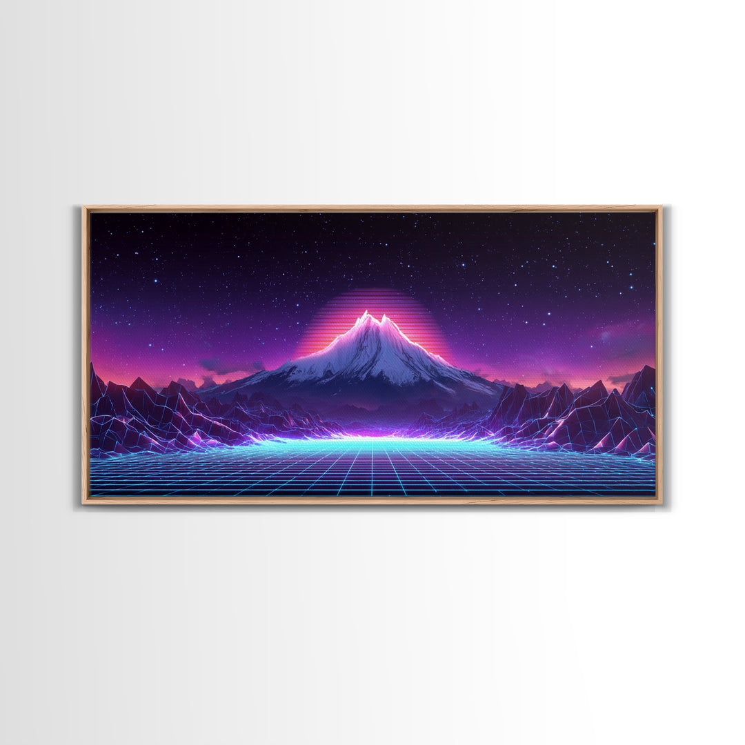 Retro Futuristic Digital Landscape Of Neon Grid And Majestic Mountain Scene Wall Art Modern Canvas Print For Unique Decor