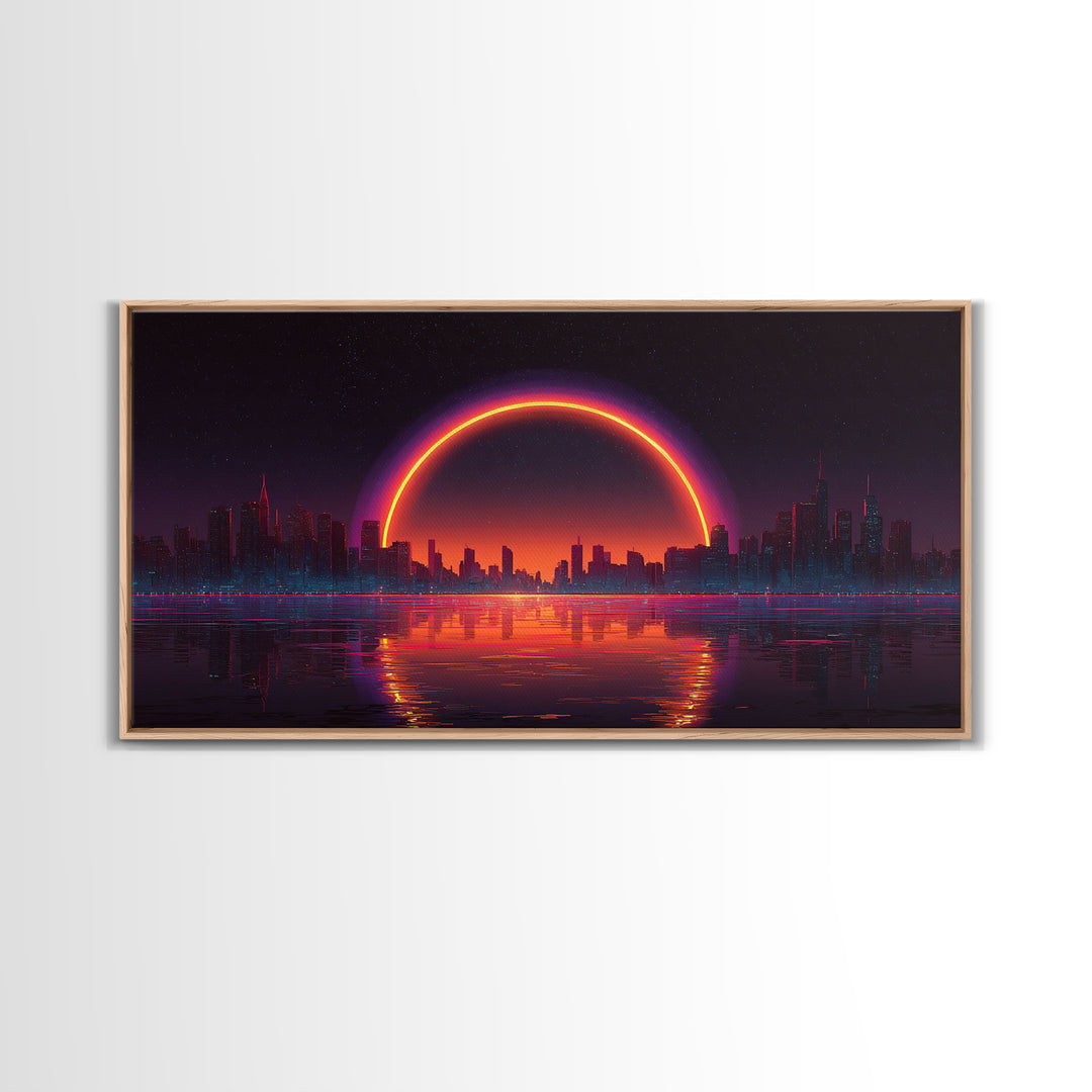 Vibrant Futuristic Cyberpunk Cityscape With Neon Sunset Reflection Wall Art Canvas Print Bright Modern Home Office Decor