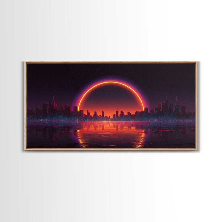 Vibrant Futuristic Cyberpunk Cityscape With Neon Sunset Reflection Wall Art Canvas Print Bright Modern Home Office Decor