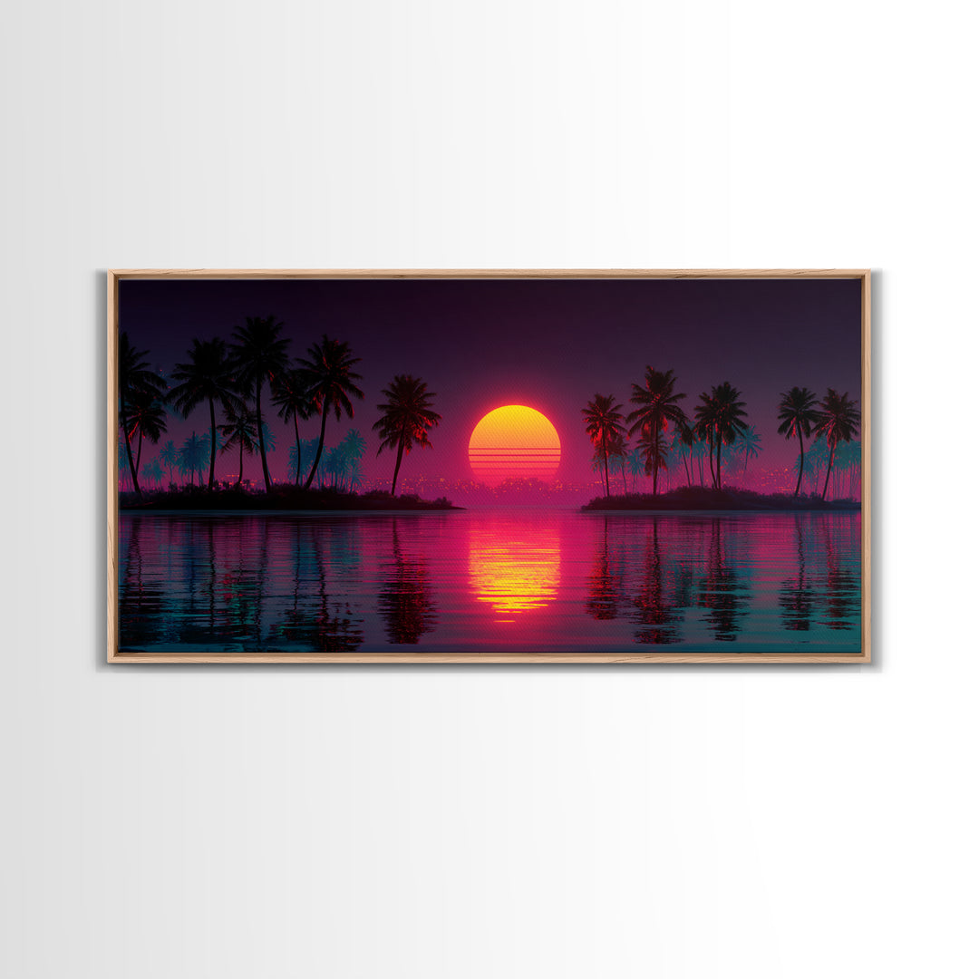 Vibrant Retro Sunset With Palm Trees Coastal Wall Art Framed Canvas Print For Tropical Home Decor
