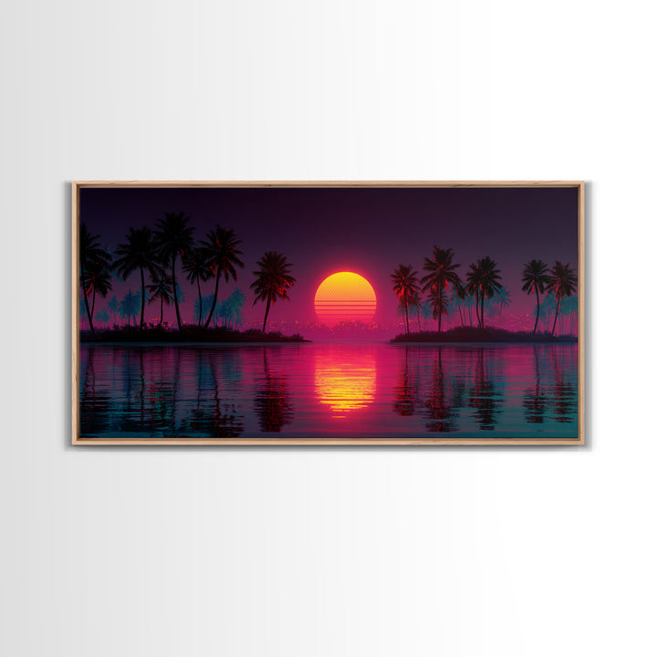 Vibrant Retro Sunset With Palm Trees Coastal Wall Art Framed Canvas Print For Tropical Home Decor