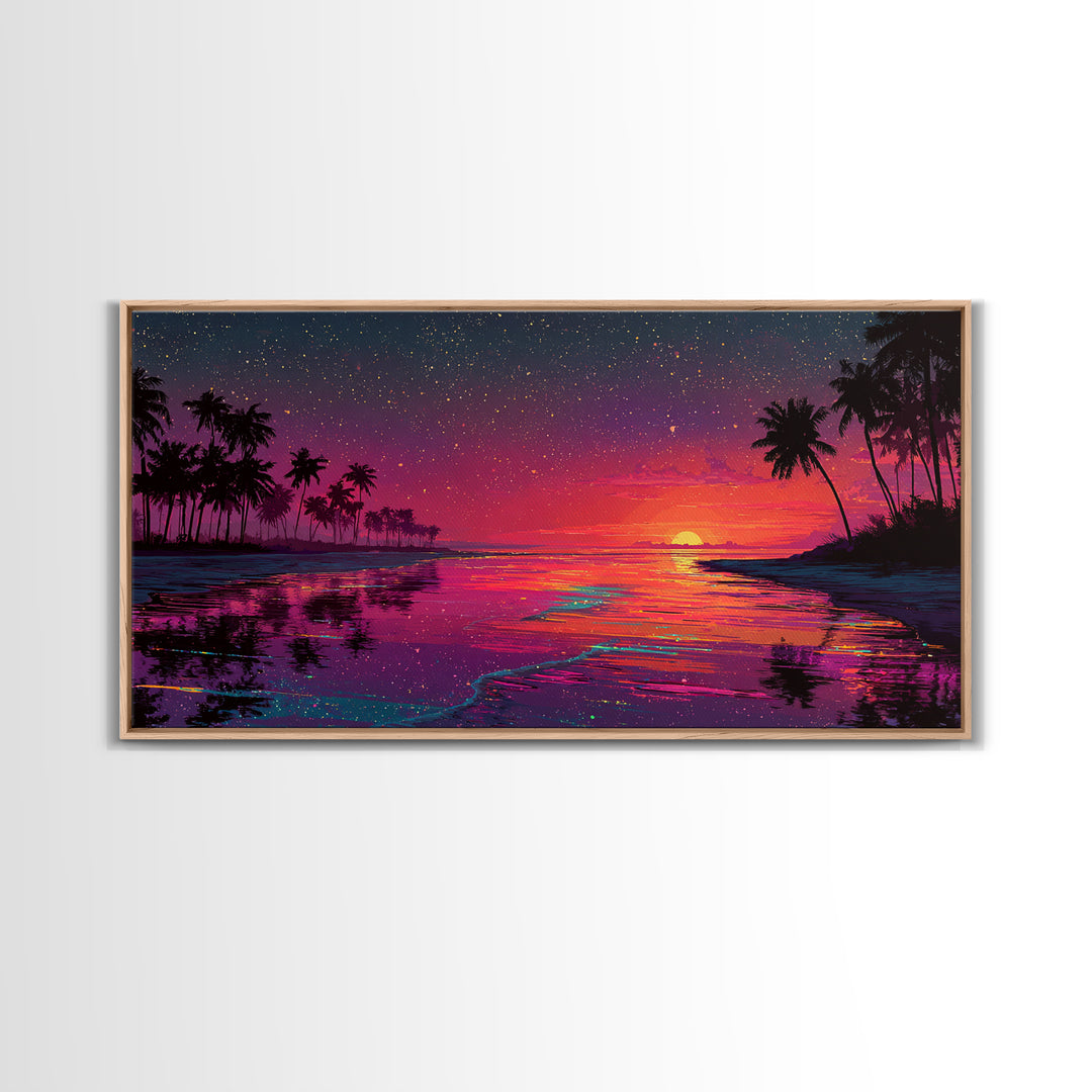 Vibrant Sunset Over Tropical Beach With Palm Trees And Colorful Reflection Canvas Print Modern Wall Art