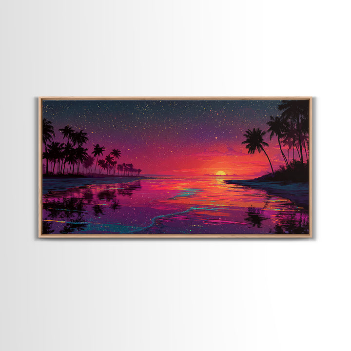 Vibrant Sunset Over Tropical Beach With Palm Trees And Colorful Reflection Canvas Print Modern Wall Art