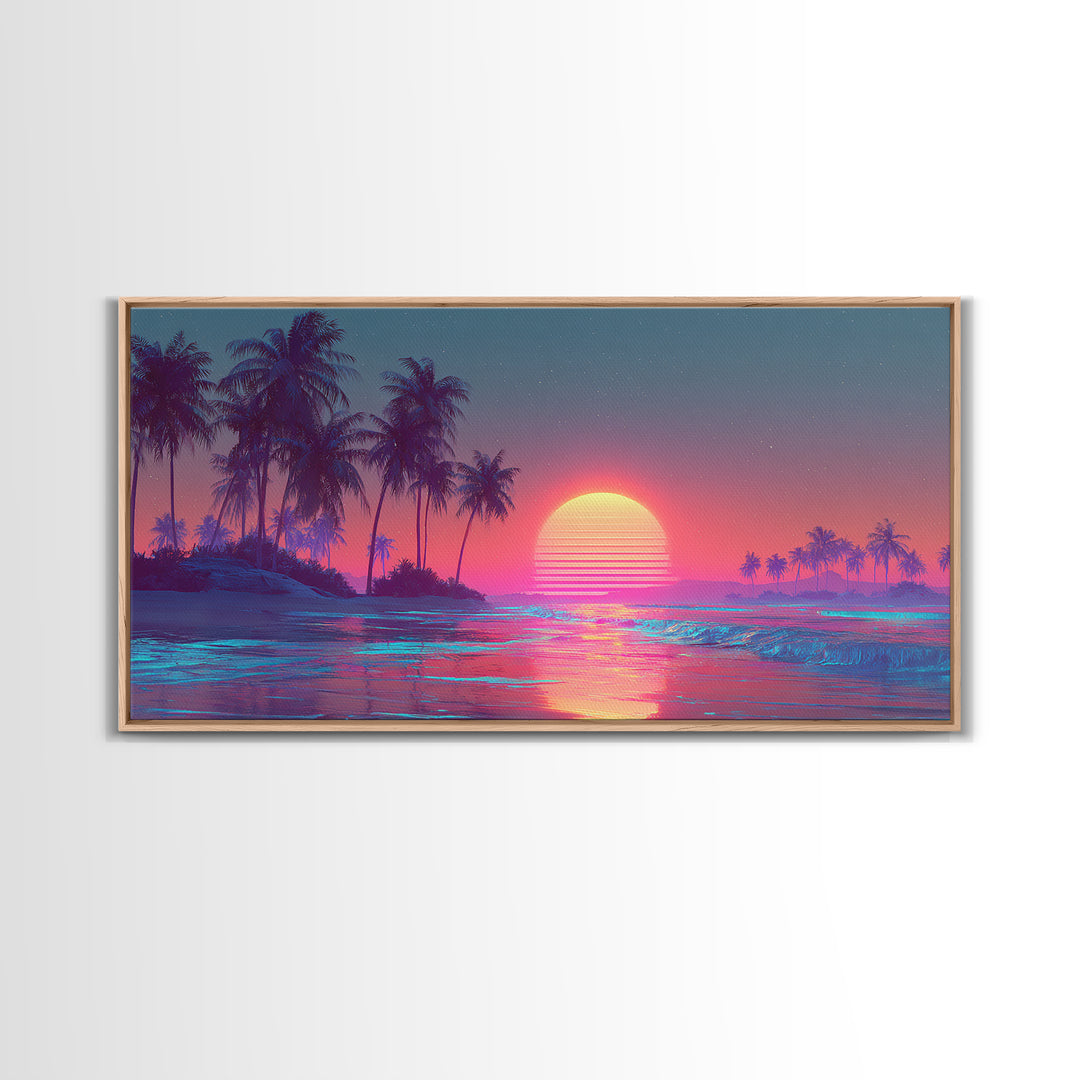 Pink And Blue Vibrant Tropical Beach Sunset With Palm Trees Coastal Wall Art Canvas Print Modern Boho Home Decor For Living Room Or Bedroom