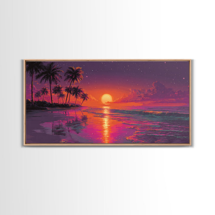 Vibrant Abstract Landscape With Neon Sunset And Mountains Canvas Print Modern Wall Art Contemporary Decor Living Room Art