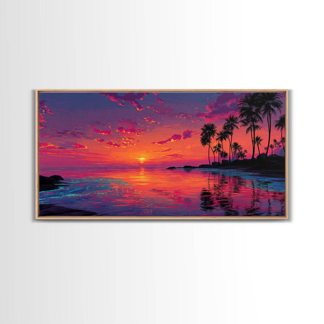Beautiful Tropical Sunset Over Calm Ocean With Palm Trees Coastal Wall Art Framed Canvas Print For Bedroom Or Vacation Home Decor