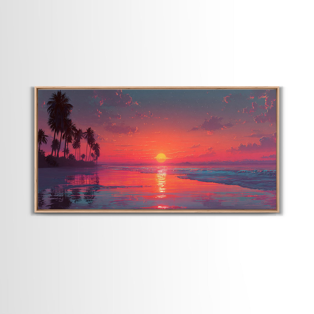 Tropical Sunset Over Calm Ocean With Palm Trees Beautiful Nature Scene Wall Art Framed Canvas Print For Home Decor