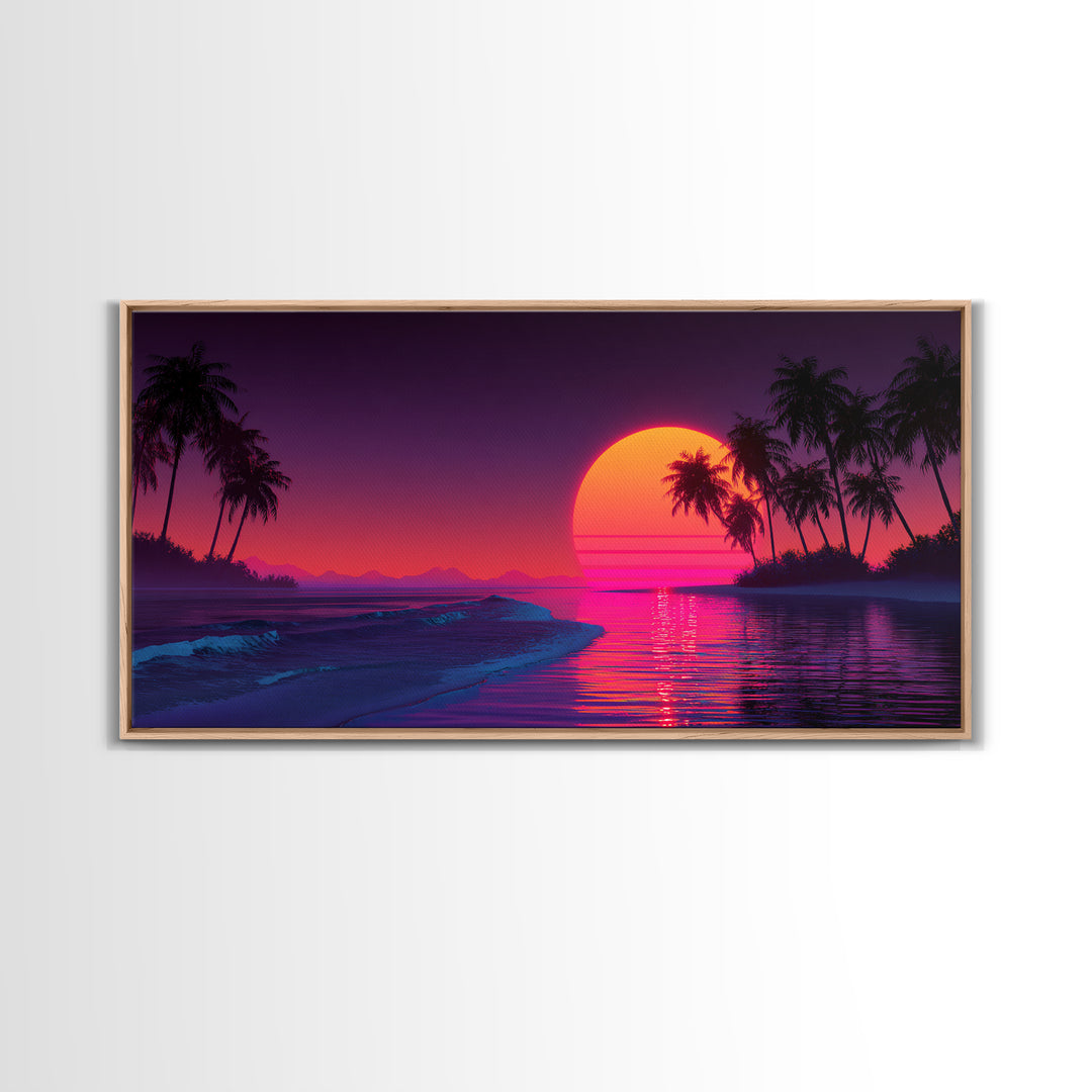 Retro Neon Sunset Over Ocean With Palm Trees And Vibrant Pink Horizon Tropical Wall Art Framed Canvas Print For Coastal Decor