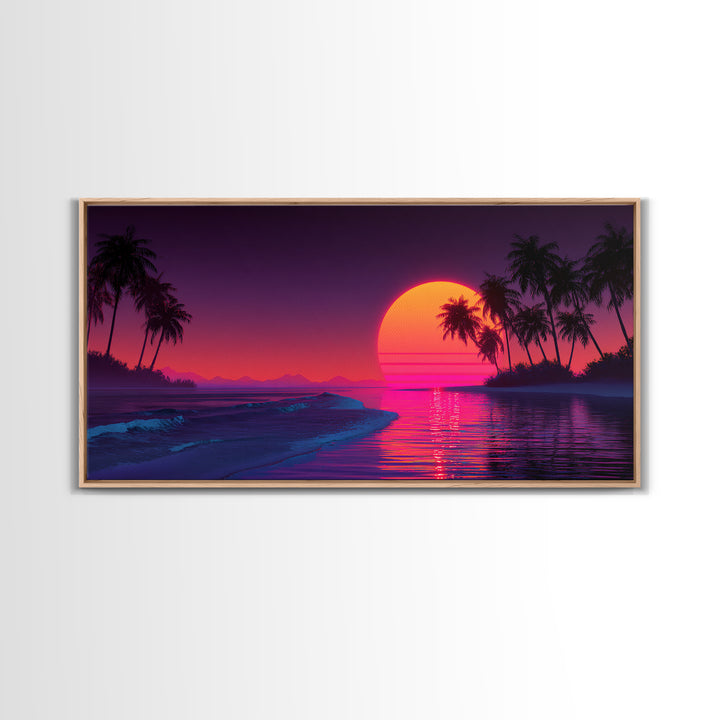 Retro Neon Sunset Over Ocean With Palm Trees And Vibrant Pink Horizon Tropical Wall Art Framed Canvas Print For Coastal Decor
