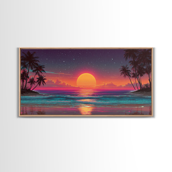 80s Style Digital Sunset Beach Scene With Palm Trees Retro Aesthetic Coastal Wall Art