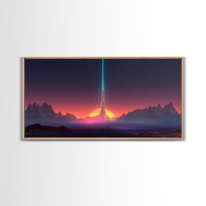 Digital Art Cityscape With Tower And Neon Beam At Sunset Colorful Futuristic Wall Art Framed Canvas Print