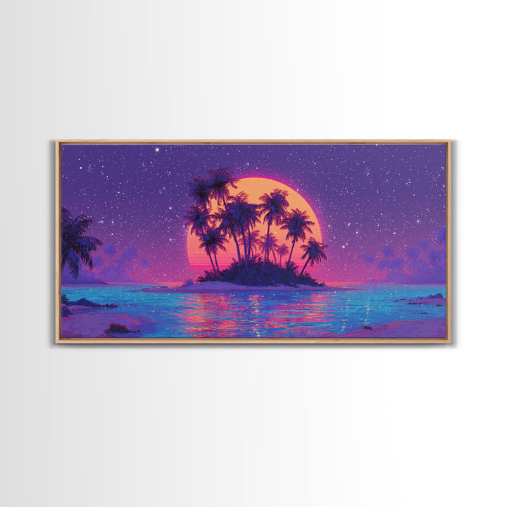 Vibrant Neon Sunset Over Tropical Island With Palm Trees Canvas Print For Modern Wall Art Home Decor