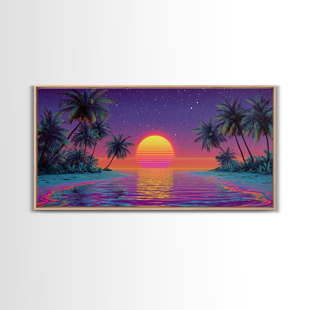 Vibrant Neon Tropical Sunset With Palm Trees And Starry Sky Beach Wall Art Modern Wall Decor Canvas Print