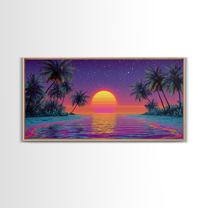 Vibrant Neon Tropical Sunset With Palm Trees And Starry Sky Beach Wall Art Modern Wall Decor Canvas Print