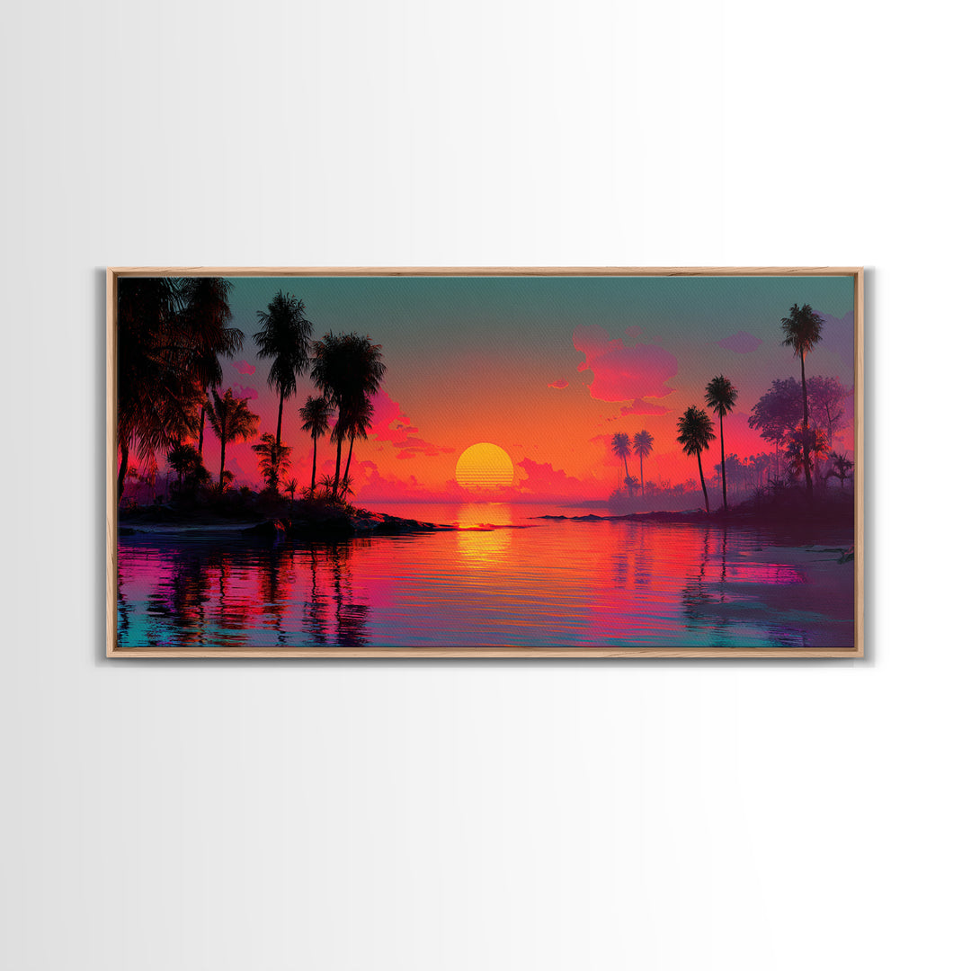 Vivid Pink Orange Tropical Sunset Over Calm Ocean With Palm Trees Coastal Wall Art Framed Canvas Print Bohemian Beach Home Decor Wall Decor