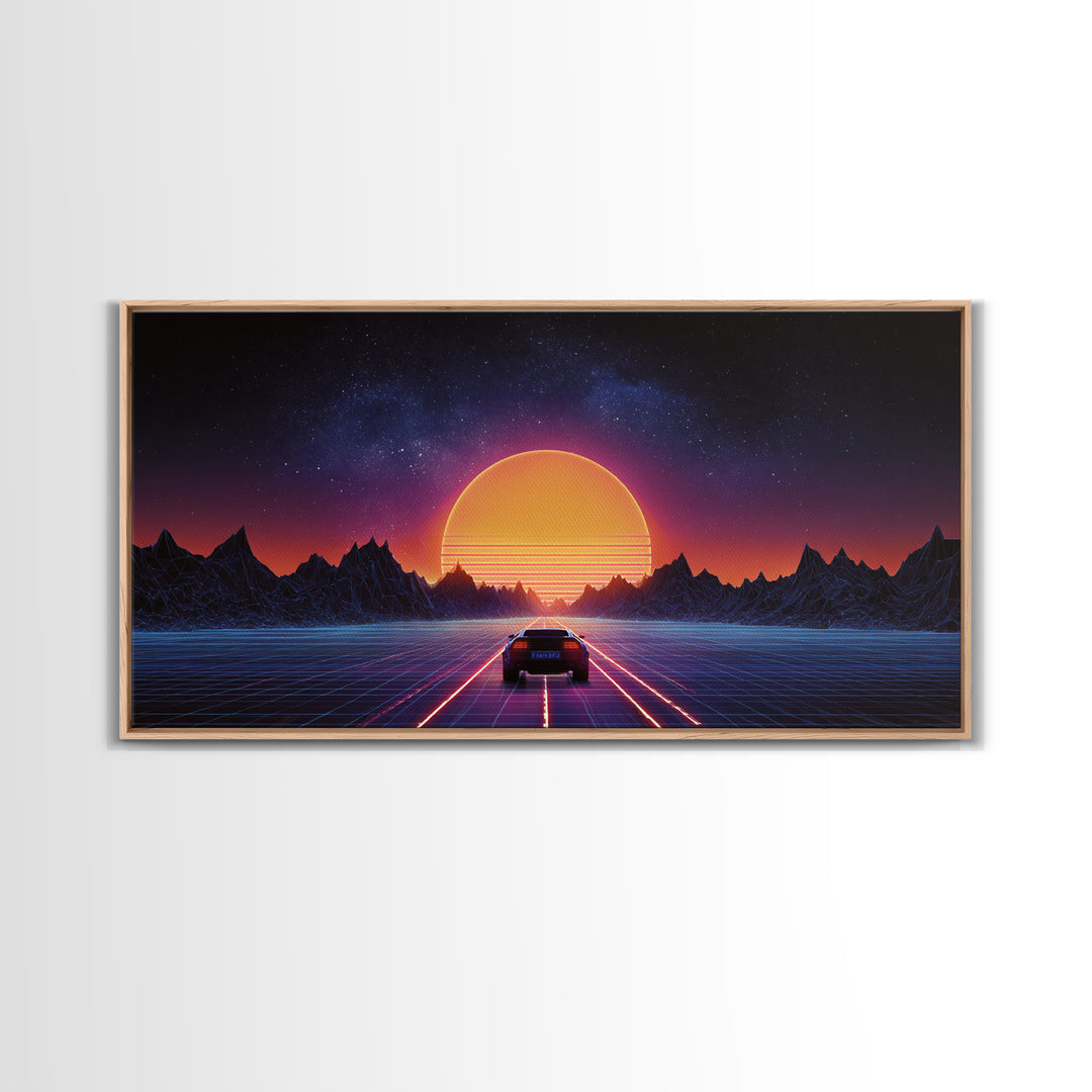 Retro Futuristic 80s Style Neon Sunset With Grid Road And Mountains Vibrant Digital Artwork Ideal For Gaming Room Wall Art And Modern Home Decor Canvas Print