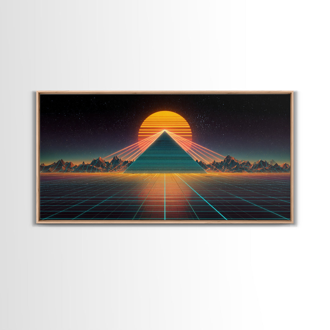 Futuristic Neon Pyramid With Laser Lights At Sunset Digital Artwork, Modern Wall Art Framed Canvas Print For Contemporary Home Decor