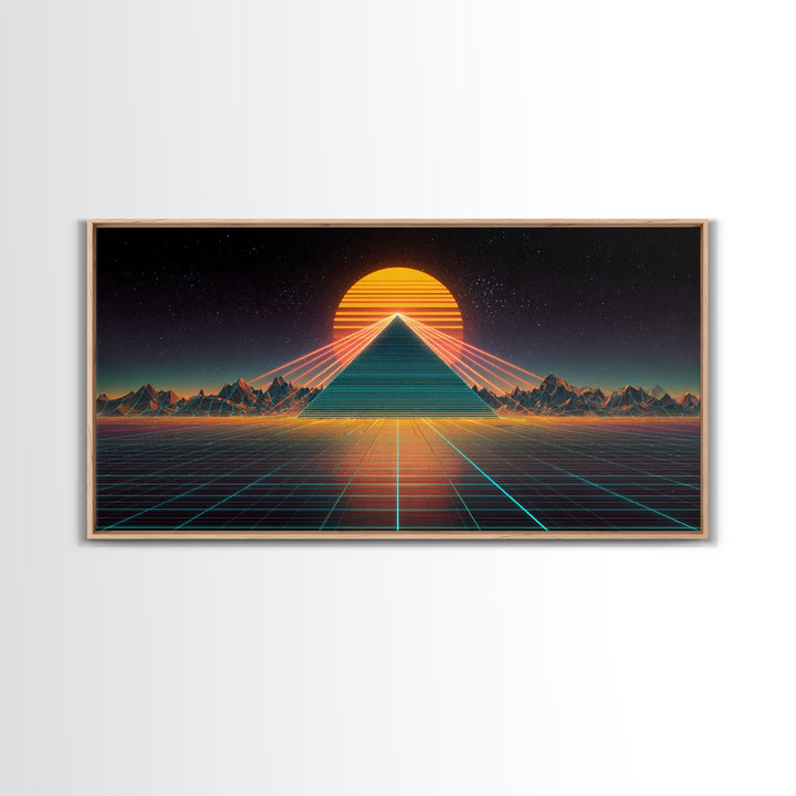 Futuristic Neon Pyramid With Laser Lights At Sunset Digital Artwork, Modern Wall Art Framed Canvas Print For Contemporary Home Decor