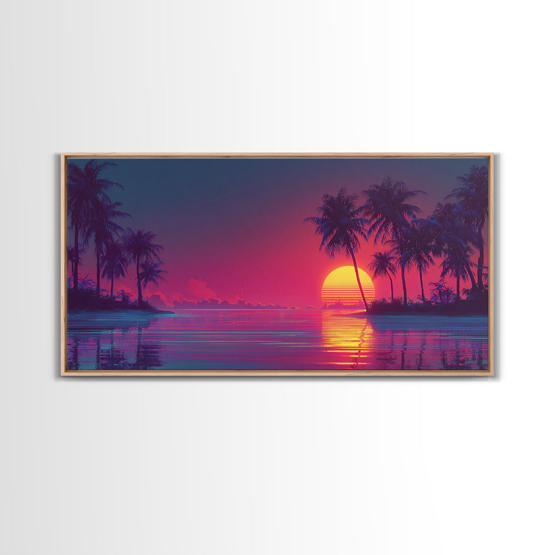 Vibrant Retro Sunset Beach Scene With Palm Trees And Ocean Reflection Wall Art