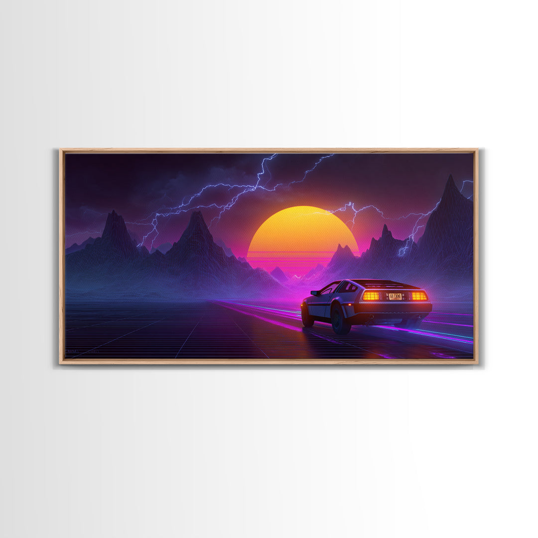 Retro Futuristic Neon Landscape With DeLorean Car Canvas Print Synthwave Wall Art Abstract Wall Decor Modern Home Decor
