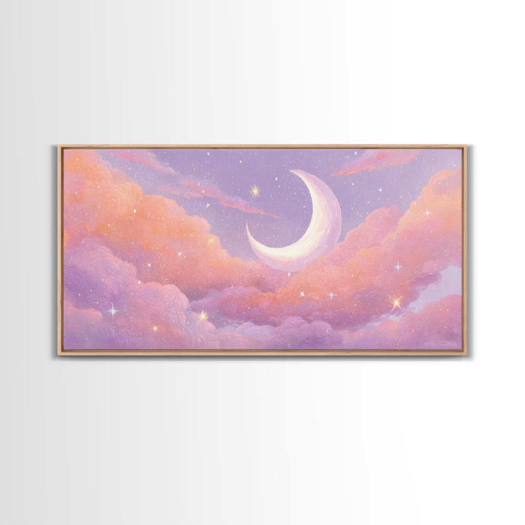 Pastel Crescent Moon In Pink Clouds Wall Art, Celestial Nursery Decor, Dreamy Bedroom Print, Whimsical Starry Sky, Aesthetic Room Decor