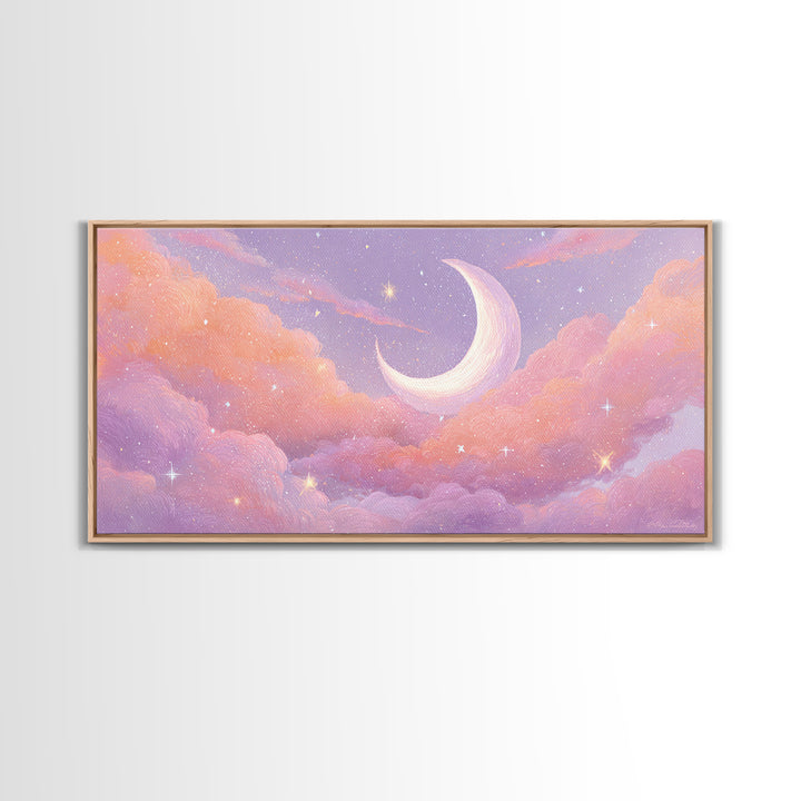 Pastel Crescent Moon In Pink Clouds Wall Art, Celestial Nursery Decor, Dreamy Bedroom Print, Whimsical Starry Sky, Aesthetic Room Decor