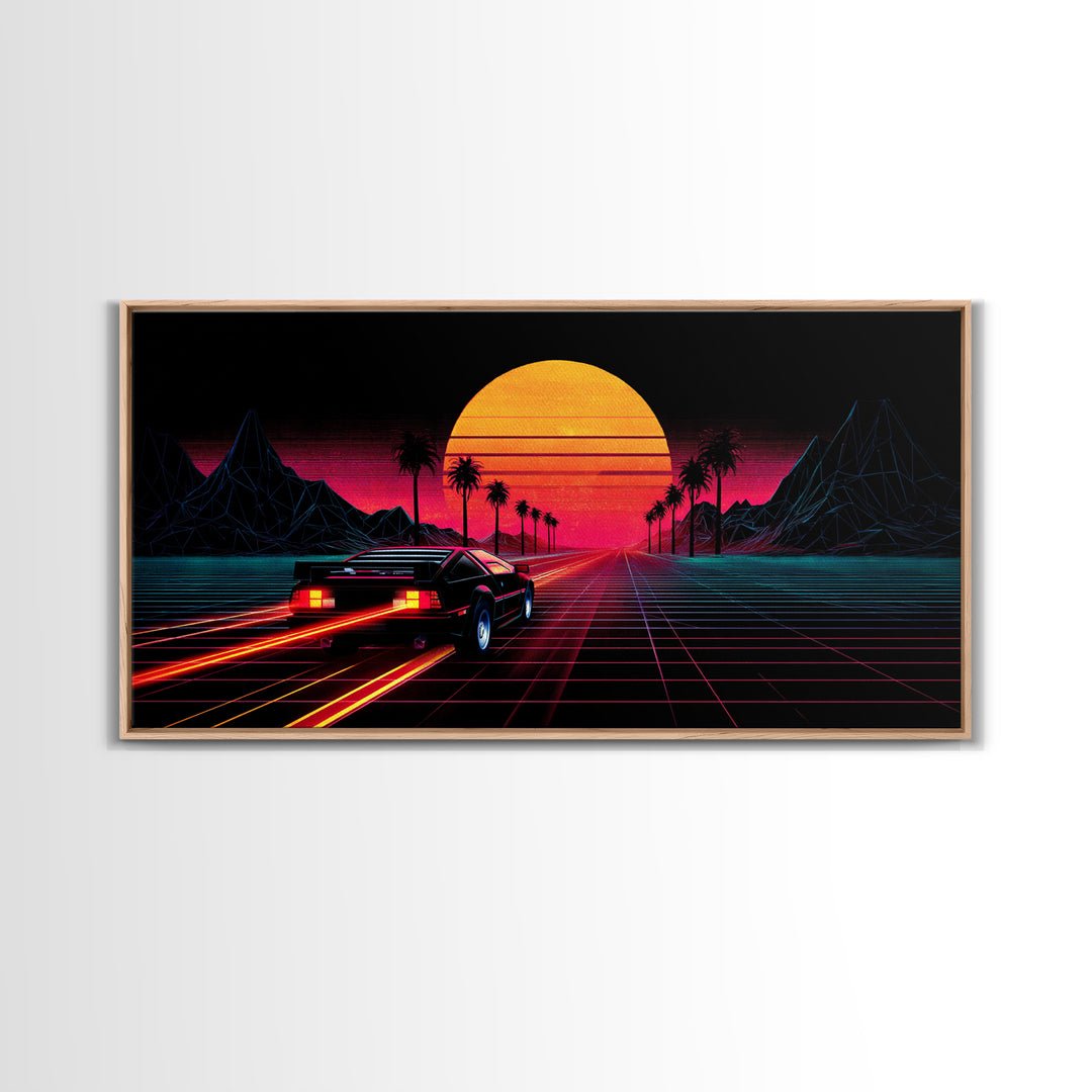 Retro Futuristic Sunset With Sportscar And Palm Trees Neon Vibes Canvas Print For Gaming Room Or Office Decor
