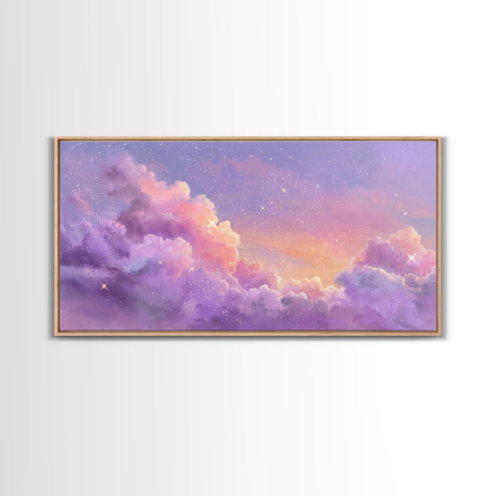 Purple Starry Clouds At Sunset Canvas Print, Dreamy Celestial Wall Decor, Pastel Sky Bedroom Art, Whimsical Room Decor Gift