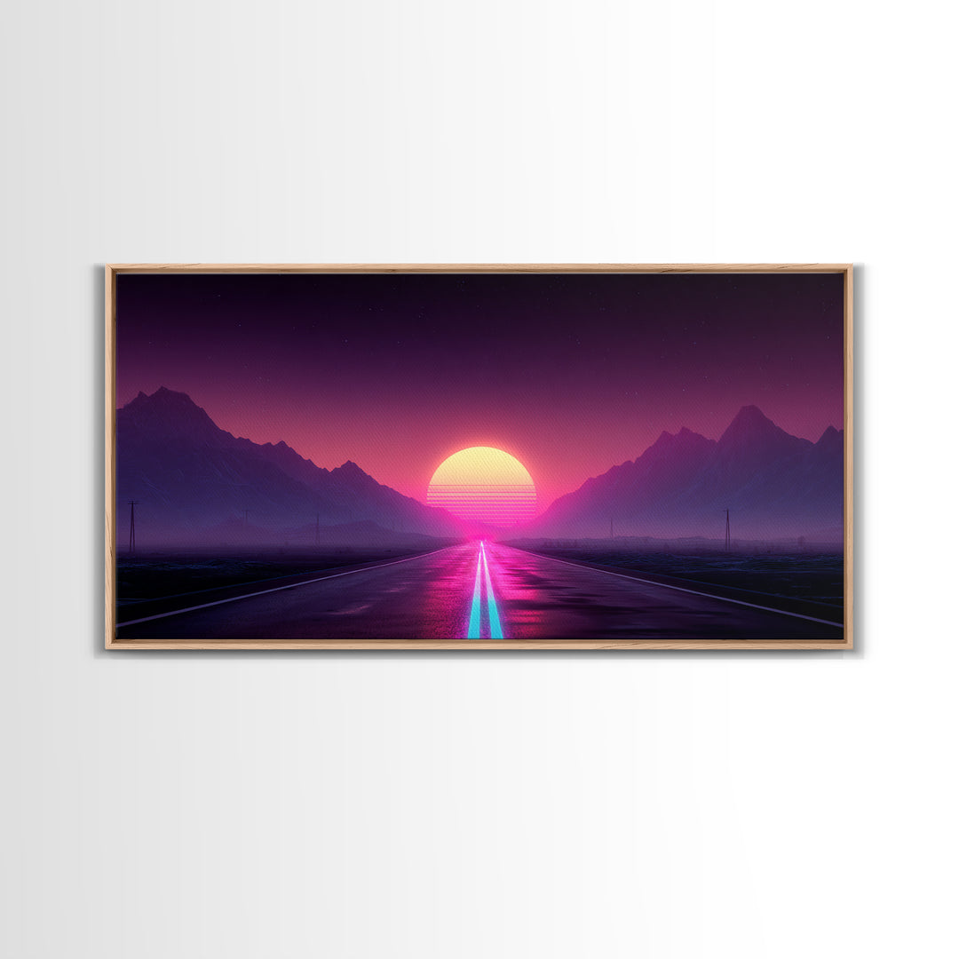 Surreal Sunset Road Landscape Featuring Mountains And Vibrant Sky Framed Canvas Print Modern Wall Art For Living Room