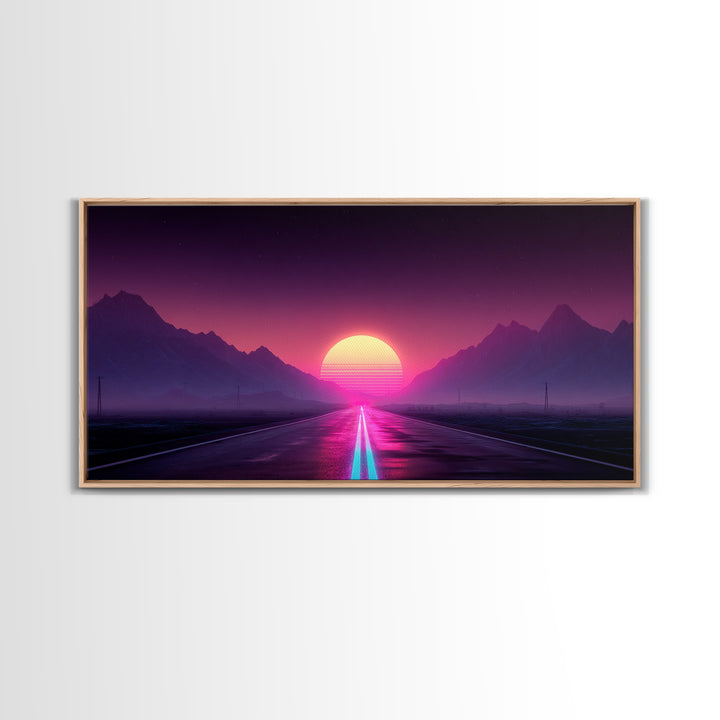 Surreal Sunset Road Landscape Featuring Mountains And Vibrant Sky Framed Canvas Print Modern Wall Art For Living Room
