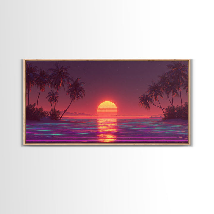 Vibrant Neon Red Sunset Over Ocean With Palm Trees Canvas Print Colorful Coastal Wall Art Tropical Beach Decor