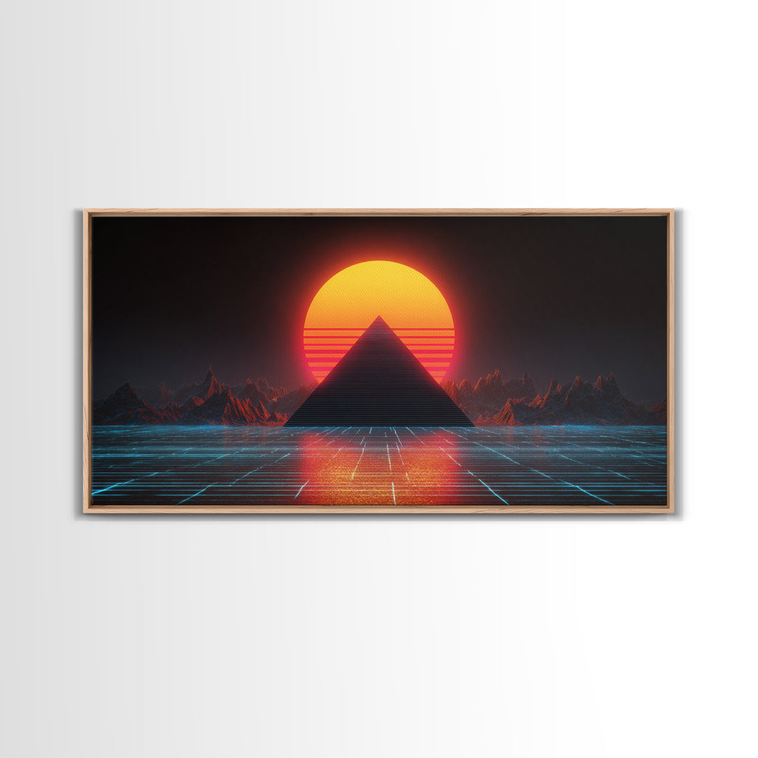 Retro Futuristic Neon Pyramid Sunset Sci Fi Digital Artwork Wall Art For Modern Home Office Decor Framed Canvas Print
