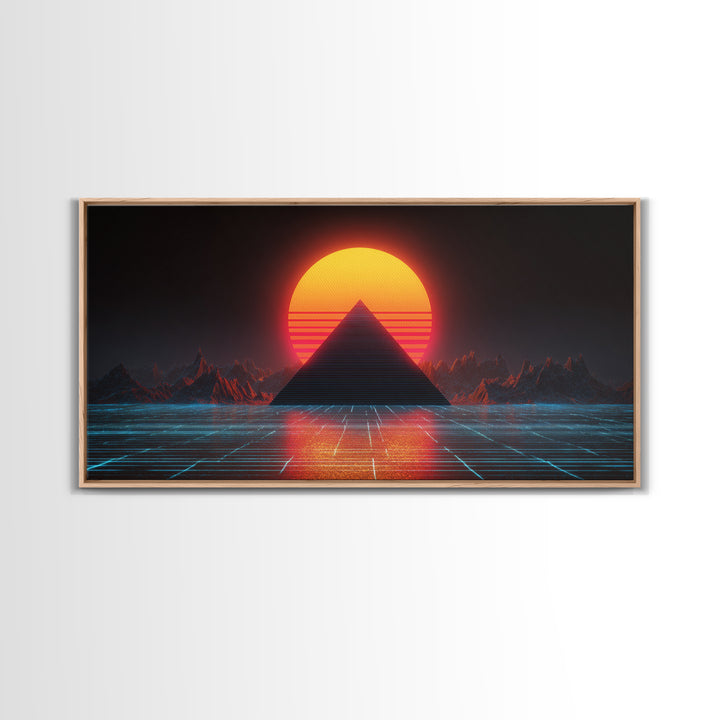 Retro Futuristic Neon Pyramid Sunset Sci Fi Digital Artwork Wall Art For Modern Home Office Decor Framed Canvas Print