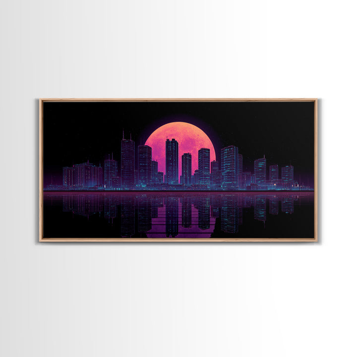Futuristic Neon Cityscape Night Skyline With Pink Full Moon Canvas Print Urban Wall Art Print Decor