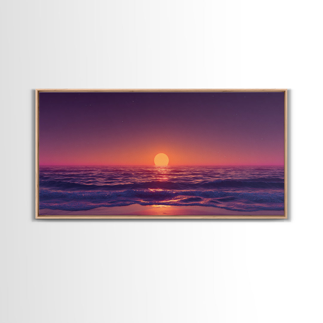 Vibrant Sunset Over Calm Ocean Waves With Pink And Purple Sky Beautiful Coastal Wall Art Framed Canvas Print For Bedroom Decor