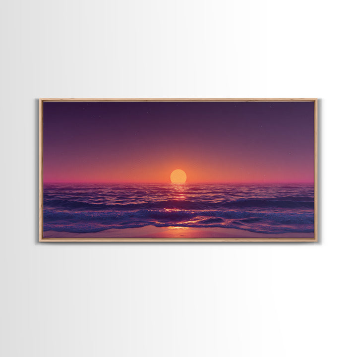 Vibrant Sunset Over Calm Ocean Waves With Pink And Purple Sky Beautiful Coastal Wall Art Framed Canvas Print For Bedroom Decor