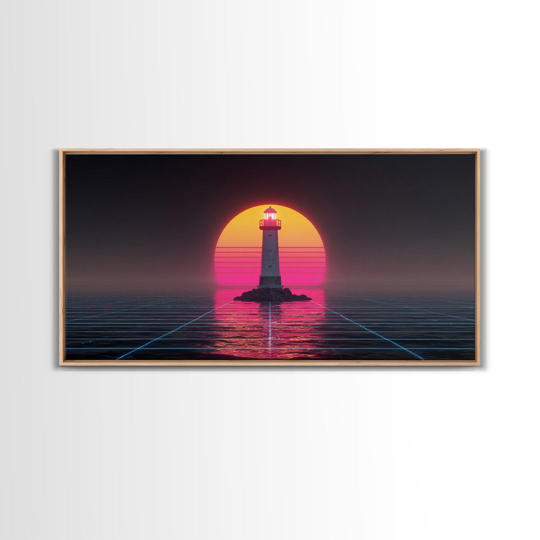 Retro Futuristic Neon Lighthouse Digital Painting Canvas Print Trendy Wall Art Modern Home Decor For Living Room And Office