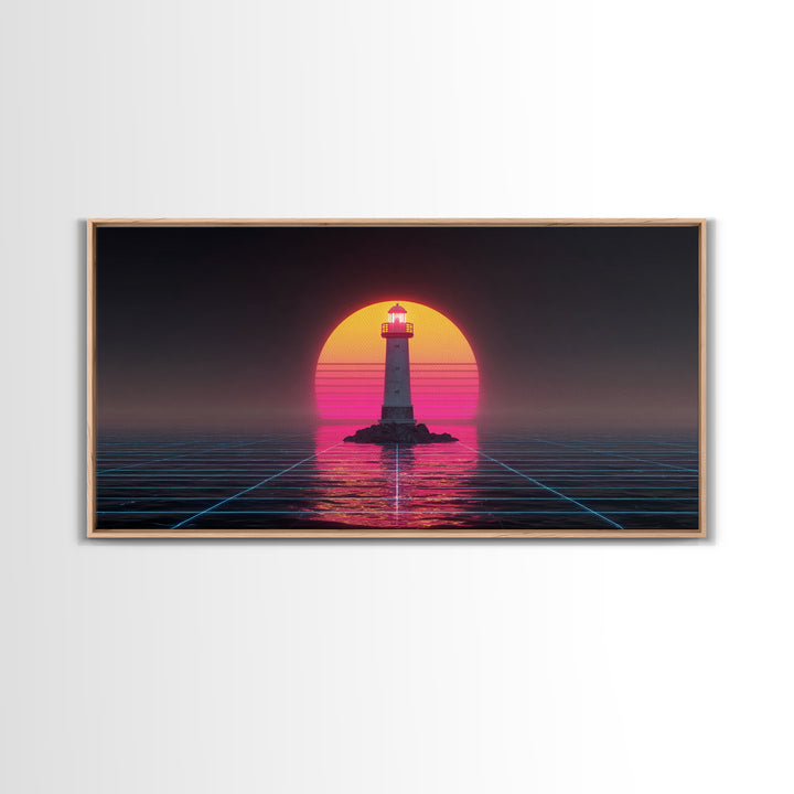 Retro Futuristic Neon Lighthouse Digital Painting Canvas Print Trendy Wall Art Modern Home Decor For Living Room And Office