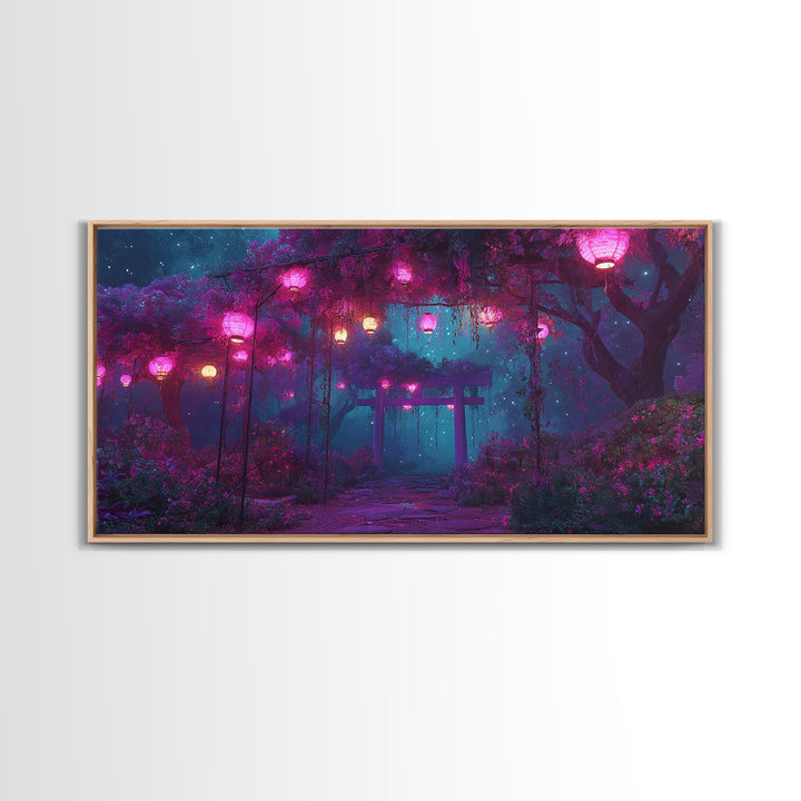 Tranquil Japanese Garden Pathway With Lanterns And Torii Gate At Night Atmospheric Wall Art Canvas Print