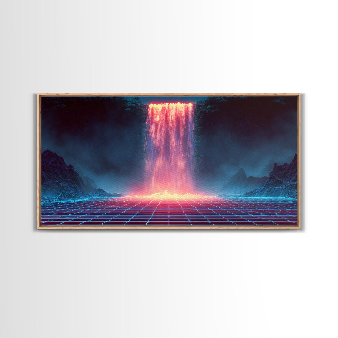 Glowing Neon Digital Waterfall With Futuristic Mountains Wall Art Framed Canvas Print Unique Modern Art Decor For Office Or Living Room