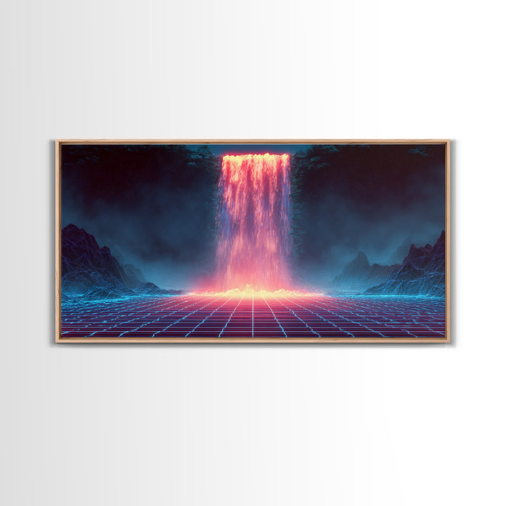 Glowing Neon Digital Waterfall With Futuristic Mountains Wall Art Framed Canvas Print Unique Modern Art Decor For Office Or Living Room