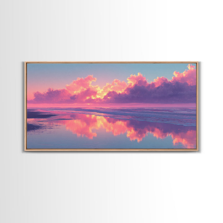 Surreal Pink Cloudy Beach Sunset Reflection Wall Art Framed Canvas Print For Living Room Home Decor Coastal Art
