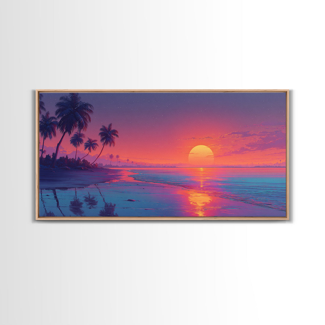 Serene Sunset Tropical Beach Landscape Digital Painting Large Wall Art For Living Room Framed Canvas