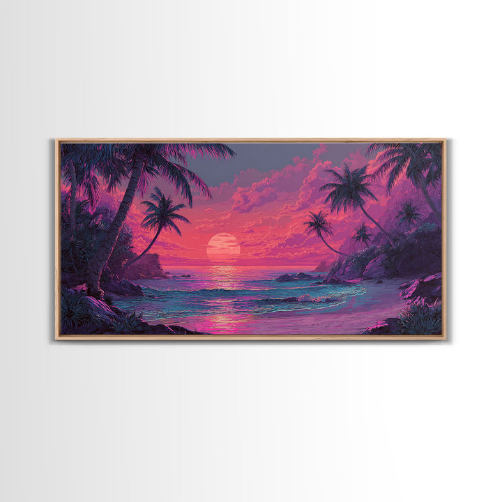 Tropical Pink Sunset Over Quiet Beach With Palm Trees Vibrant Coastal Wall Art Canvas Print For Modern Home Decor