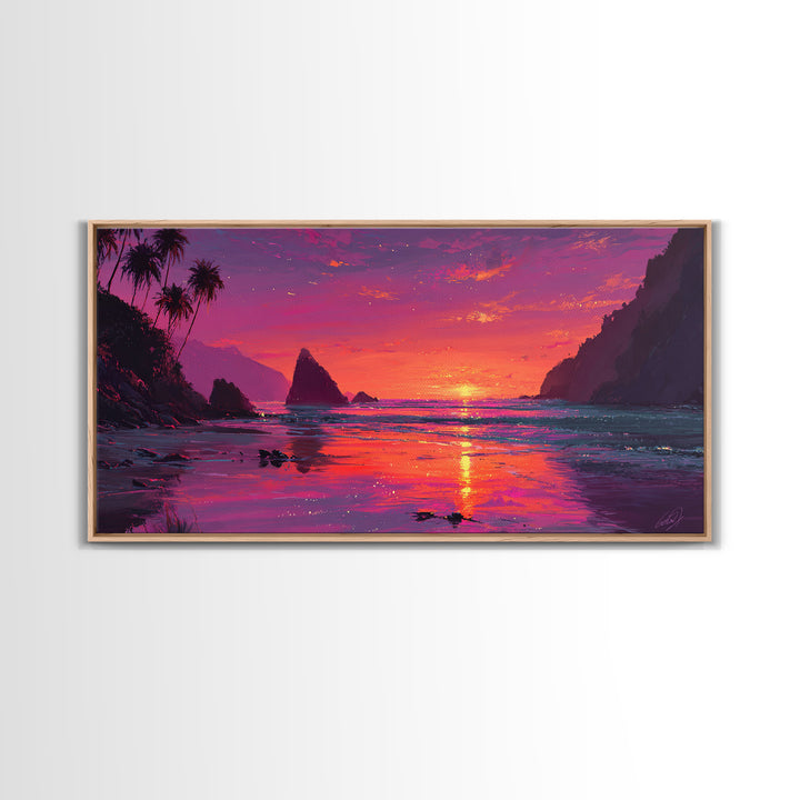 Vibrant Sunset Over Rocky Coastal Landscape Framed Canvas Print Large Wall Art For Modern Living Room And Contemporary Home Decor